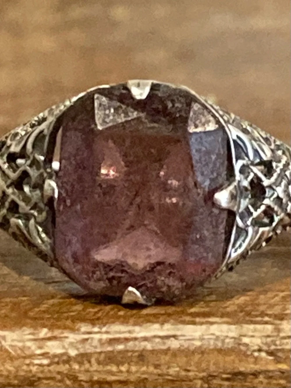 Sterling Silver Filigree Ring with Purple Stone - Size 7